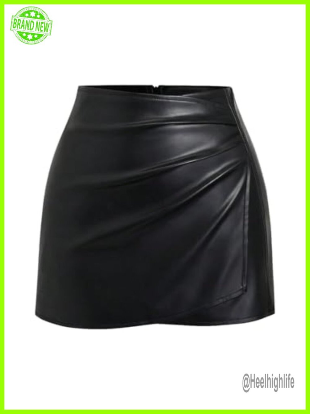 PU Leather Mini Skirt Mid Waist Ruched Slit Bodycon